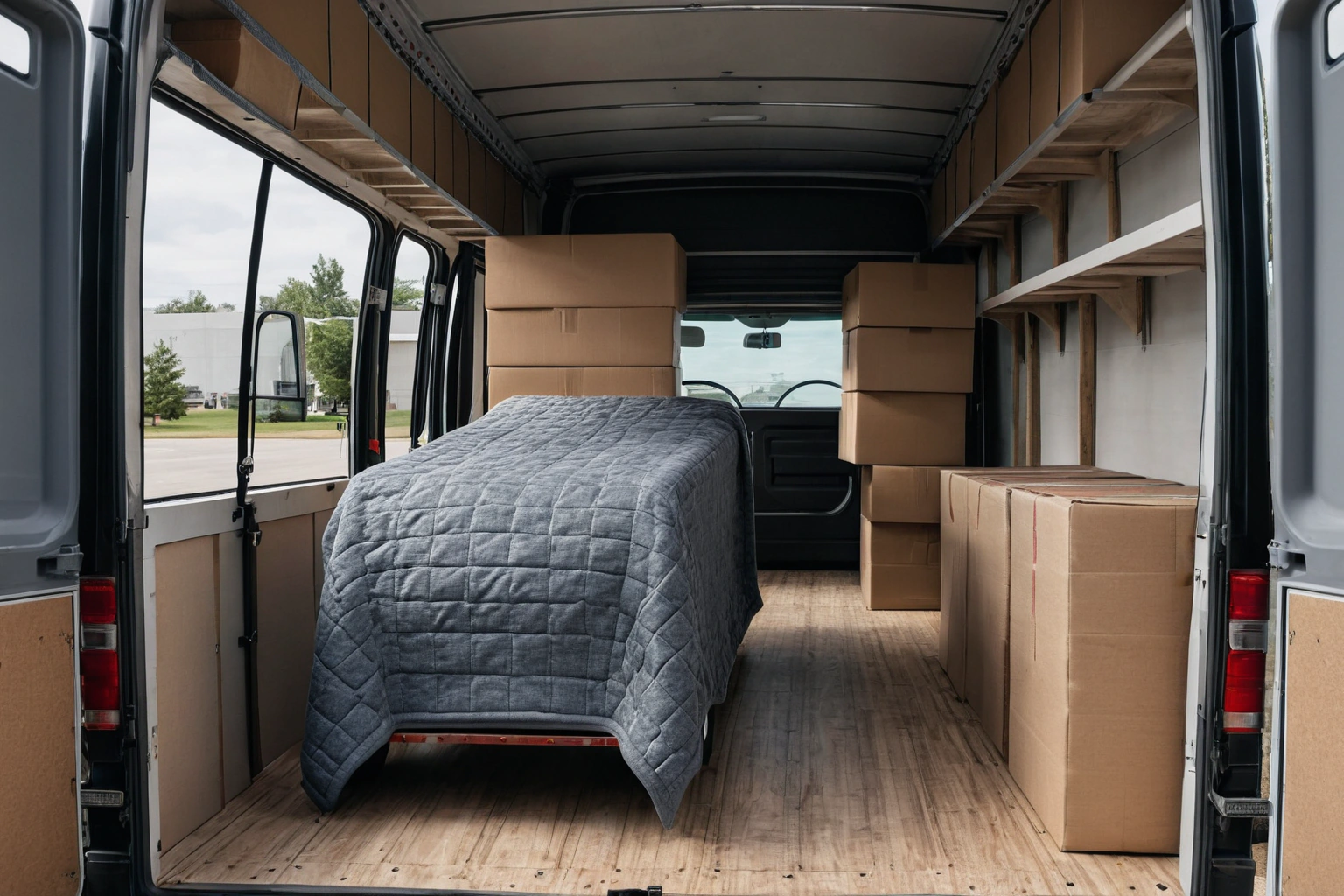 Blanket-wrapped furniture secured inside a moving truck