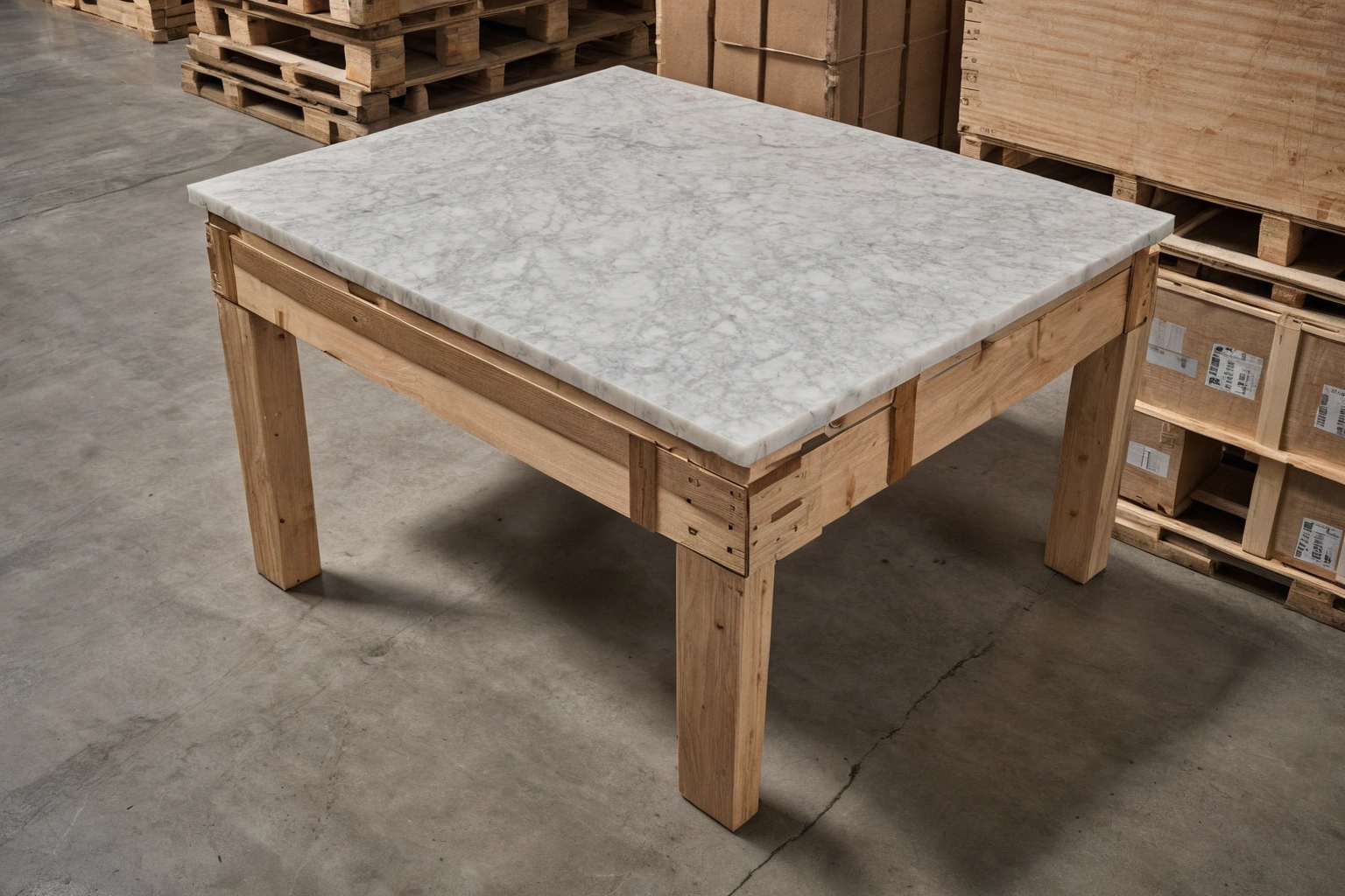 Marble top strapped vertically in a wooden A-frame crate